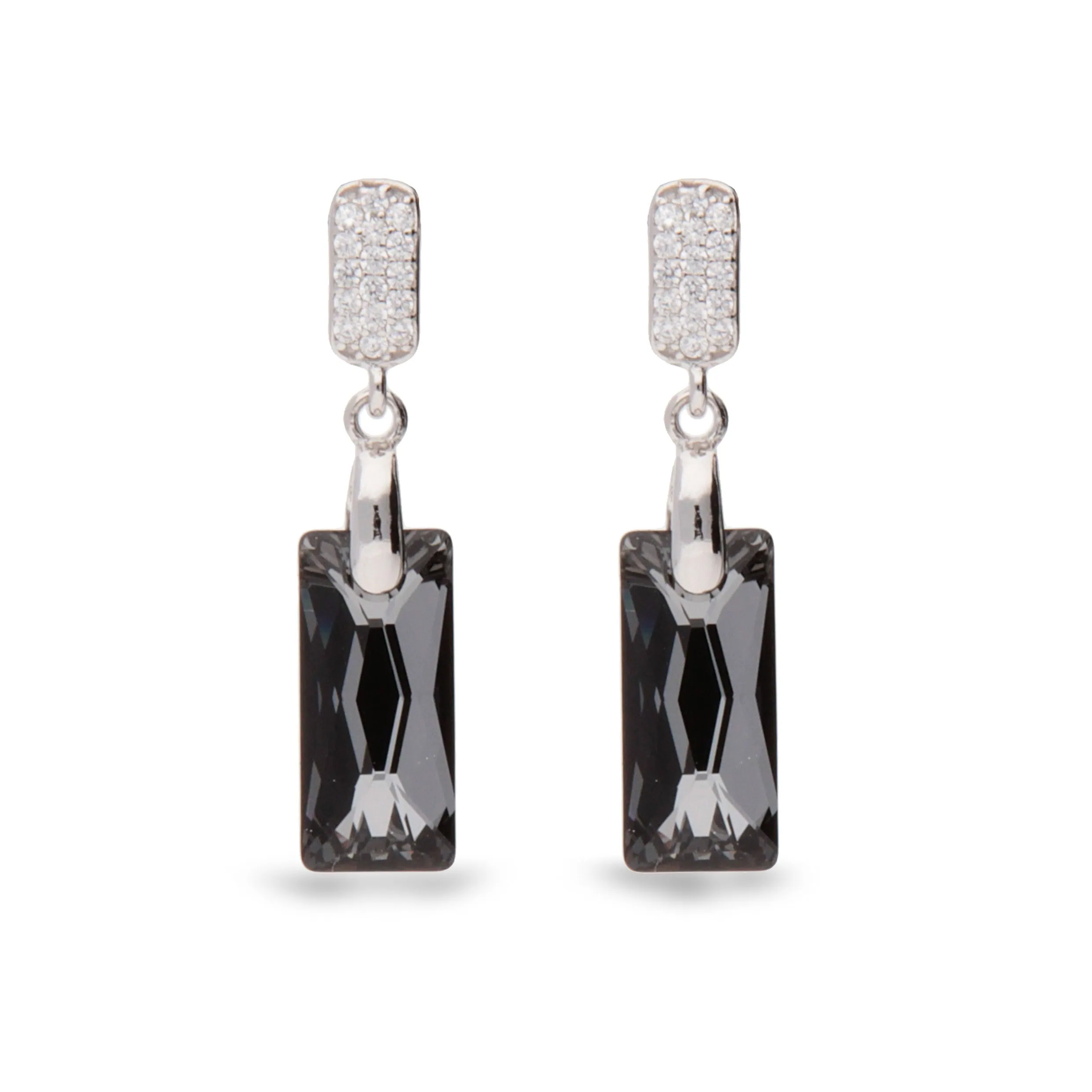 Ezüst fülbevalópár apró Swarovski-kövekkel kirakott felső résszel és hosszúkás, füstszürke Swarovski-kővel