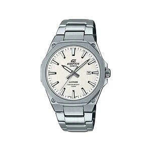 Világos számlapos Casio Edifice karóra nyolcszög alakú, ezüstszínű tokkal, fémszíjjal és dátumablakkal