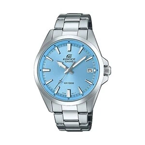 Világoskék számlapos Casio Edifice karóra dátumablakkal, ezüstszínű kerek tokkal és fémszíjjal