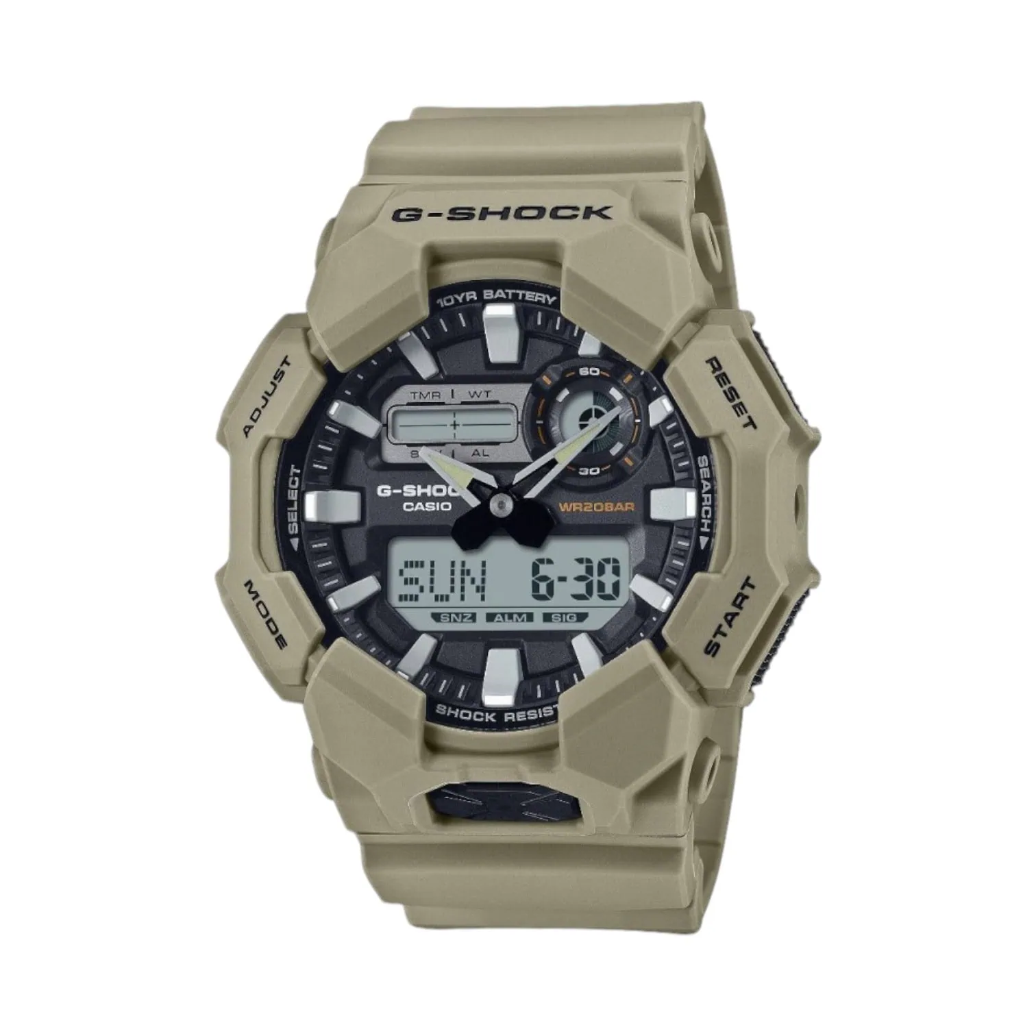 Homokszínű Casio G-Shock karóra ütésálló tokkal és szíjjal, sötét analóg-digitális számlappal