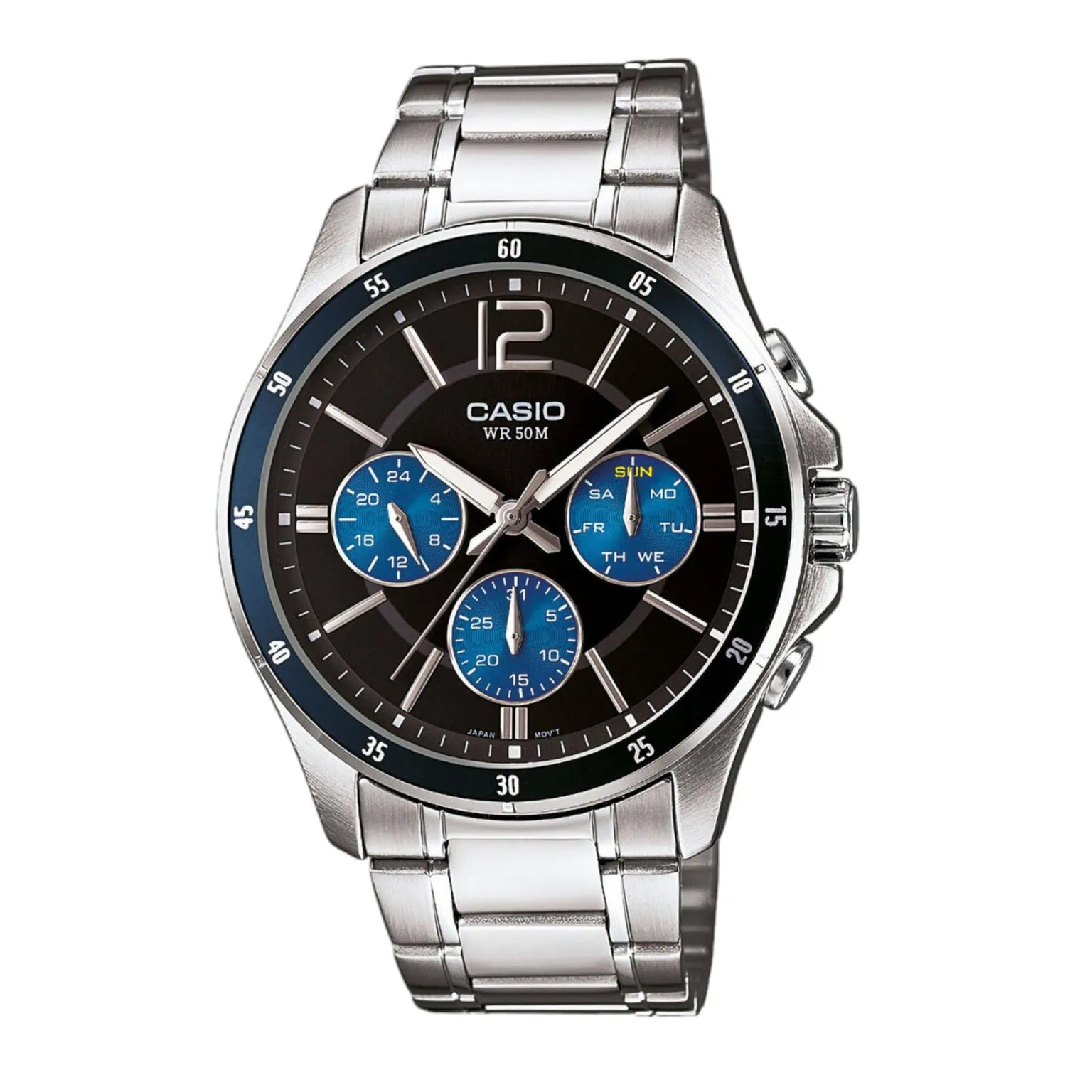 Casio karóra fekete számlappal, három kék segédszámlappal, sötétkék lünettával és ezüstszínű fémszíjjal