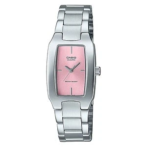 Keskeny, hordó alakú Casio női karóra rózsaszín számlappal, ezüstszínű tokkal és acél karkötővel