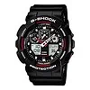 Fekete Casio G-Shock karóra piros mutatóval és piros számlaprészletekkel, analóg-digitális kijelzéssel