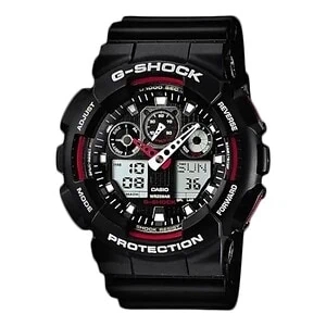 Fekete Casio G-Shock karóra piros mutatóval és piros számlaprészletekkel, analóg-digitális kijelzéssel