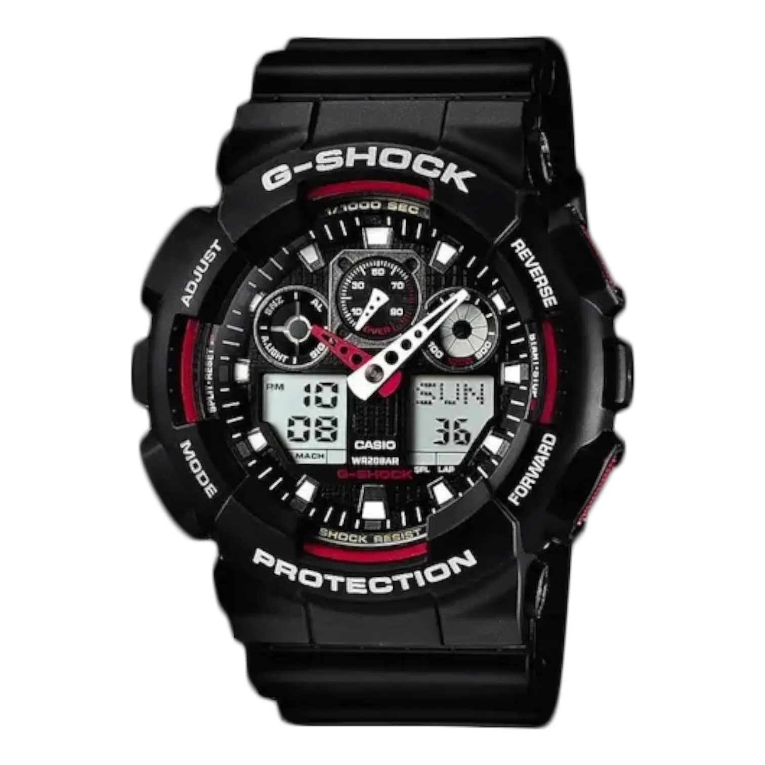 Fekete Casio G-Shock karóra piros mutatóval és piros számlaprészletekkel, analóg-digitális kijelzéssel