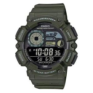 Zöld Casio digitális karóra műanyag tokkal és szíjjal, a kijelzőn horgász- és holdfázis-jelzéssel