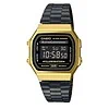 Casio retró digitális karóra arany színű szögletes tokkal, fekete számlappal és fekete fémszíjjal