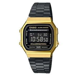 Casio retró digitális karóra arany színű szögletes tokkal, fekete számlappal és fekete fémszíjjal