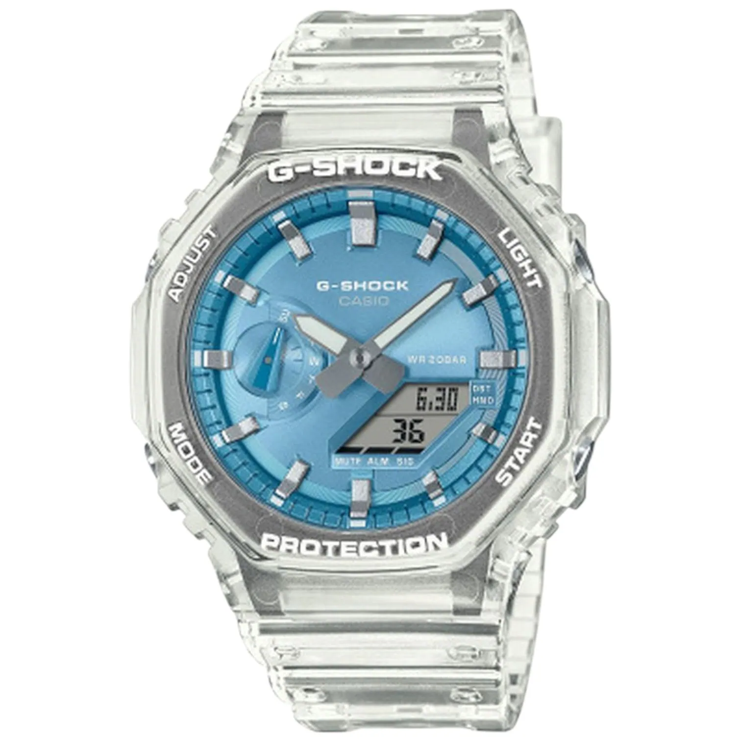 Casio G-Shock karóra áttetsző tokkal és szíjjal, világoskék fémes számlappal, analóg-digitális kijelzéssel