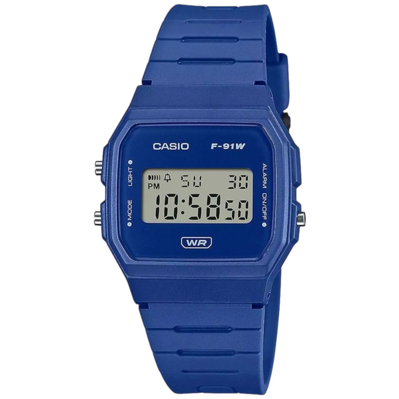 Kék műanyag tokú és szíjú retró Casio digitális karóra szürkés LCD-kijelzővel