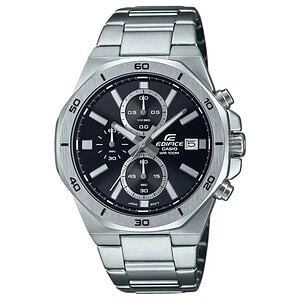 Casio Edifice karóra fekete számlappal, segédszámlapokkal és dátumablakkal, számozott lünettával, fémszíjjal