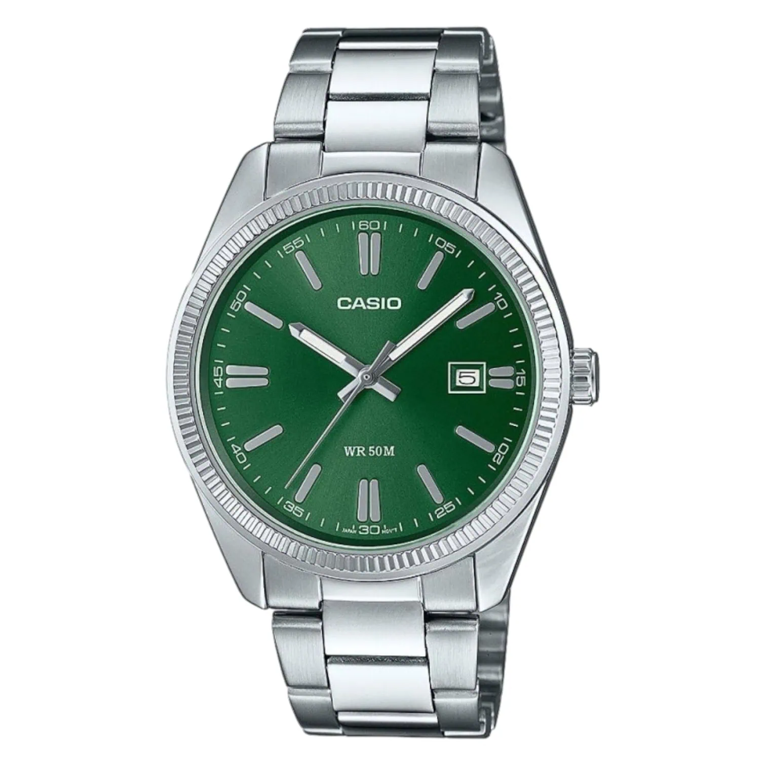 Casio óra – MTP-1302PD-3AVEF 3 Óra, zöld számlappal, rozsdamentes acél szíjjal, elegáns megjelenés.