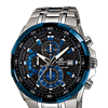Az elegáns Casio Edifice férfi karóra, kék és ezüst színű, részletes számlappal és rozsdamentes acél.