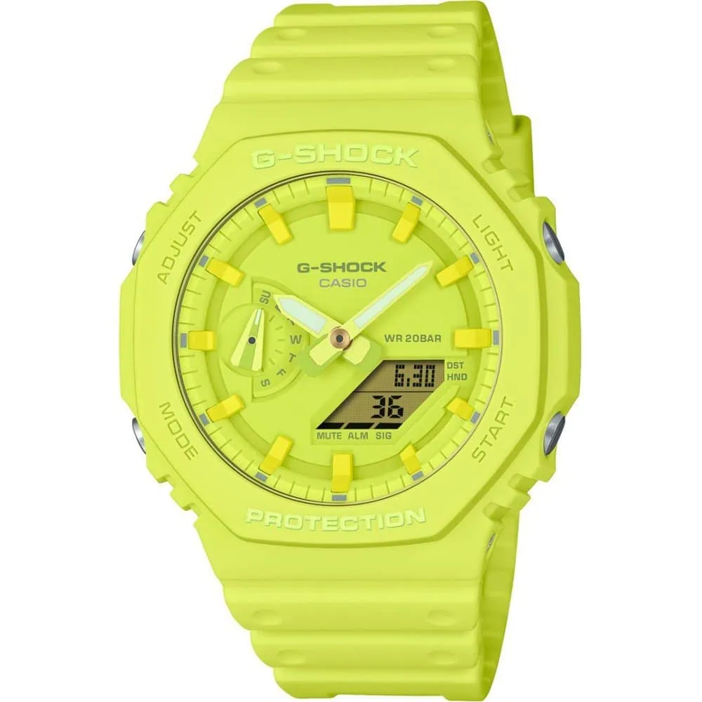 Casio óra - GA-2100-9A9ER 3 Sportóra G-SHOCK Casio, élénk sárga színben, vízálló 20 bar, digitális és analóg kijelző.