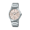 Elegáns Casio női karóra, rozé arany színű számlappal és ezüst fém szíjjal.