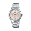 Casio női karóra halvány rózsaszín számlappal, három kis segédszámlappal és ezüstszínű acél karkötővel