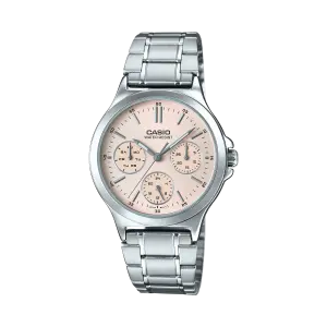 Casio női karóra halvány rózsaszín számlappal, három kis segédszámlappal és ezüstszínű acél karkötővel