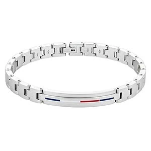 Ezüst férfi karkötő francia zászló díszítéssel, modern design.