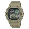 Khaki színű Casio digitális karóra szögletes tokkal, árapály-grafikonnal és holdfázis-jelzéssel a kijelzőn