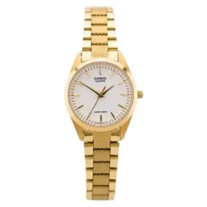 Aranyszínű acél Casio női karóra fehér számlappal, a karkötő szemei váltakozva simák és mintázottak