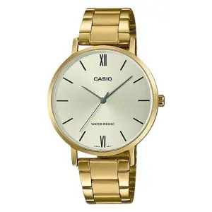 Teljesen aranyszínű Casio női karóra, halvány aranyszínű számlappal és két fekete római számmal