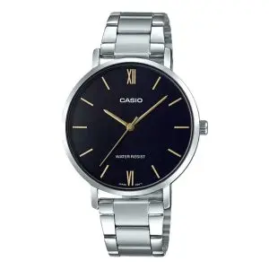 Fekete számlapos Casio női karóra aranyszínű mutatókkal, indexekkel és római számokkal, ezüstszínű acél karkötővel