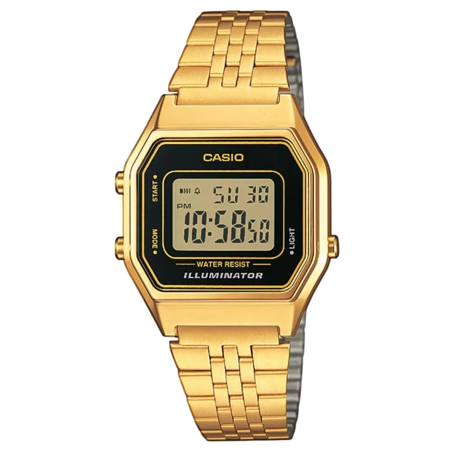 Digitális Casio női karóra szögletes aranyszínű tokkal, fekete kerettel a kijelző körül és aranyszínű karkötővel